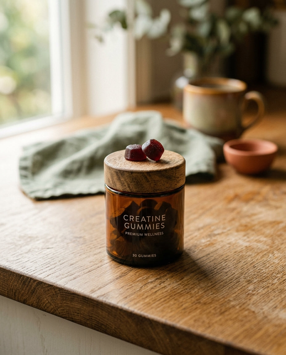Grove 5g creatine gummy jar on a pale kitchen bench