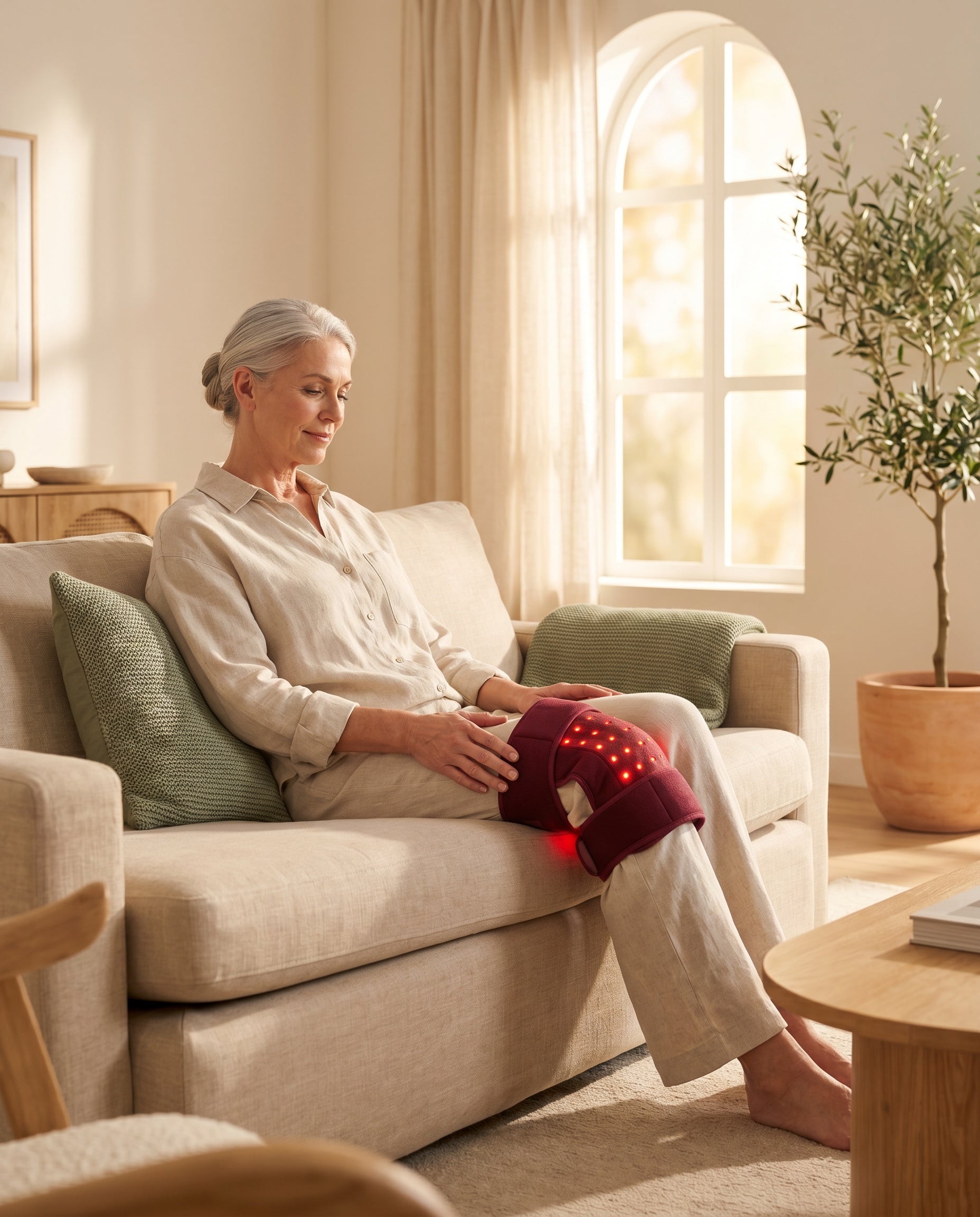 Someone using a red light therapy knee wrap on their sofa