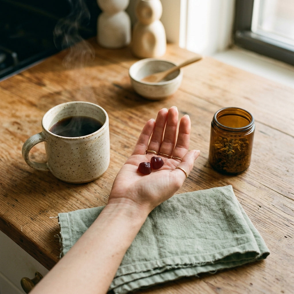 A Grove morning ritual: coffee, jar, four gummies